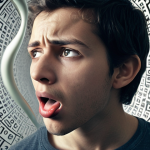 **"Listening and Speaking Frustration"**: A close-up of a young adult, with a look of intense confusion and mild frustration, surrounded by a swirling, misty aura of abstract French words and phonetic symbols. Some words are clearly visible (e.g., 'Je suis', 'Ils ont'), but many others are blurred or merging, resembling a "flowing water" effect. A subtle visual element of a "wall" or "fog" could be incorporated to represent the listening barrier. Their mouth is slightly agape, suggesting a "tongue-tied" moment, with perhaps a tiny, stylized "R" sound bubble struggling to form. The overall atmosphere conveys the overwhelming challenge of distinguishing sounds and speaking.