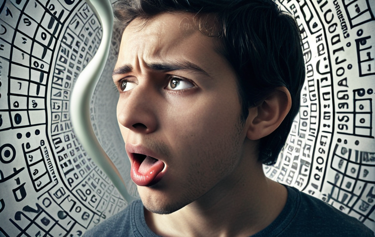 **"Listening and Speaking Frustration"**: A close-up of a young adult, with a look of intense confusion and mild frustration, surrounded by a swirling, misty aura of abstract French words and phonetic symbols. Some words are clearly visible (e.g., 'Je suis', 'Ils ont'), but many others are blurred or merging, resembling a "flowing water" effect. A subtle visual element of a "wall" or "fog" could be incorporated to represent the listening barrier. Their mouth is slightly agape, suggesting a "tongue-tied" moment, with perhaps a tiny, stylized "R" sound bubble struggling to form. The overall atmosphere conveys the overwhelming challenge of distinguishing sounds and speaking.