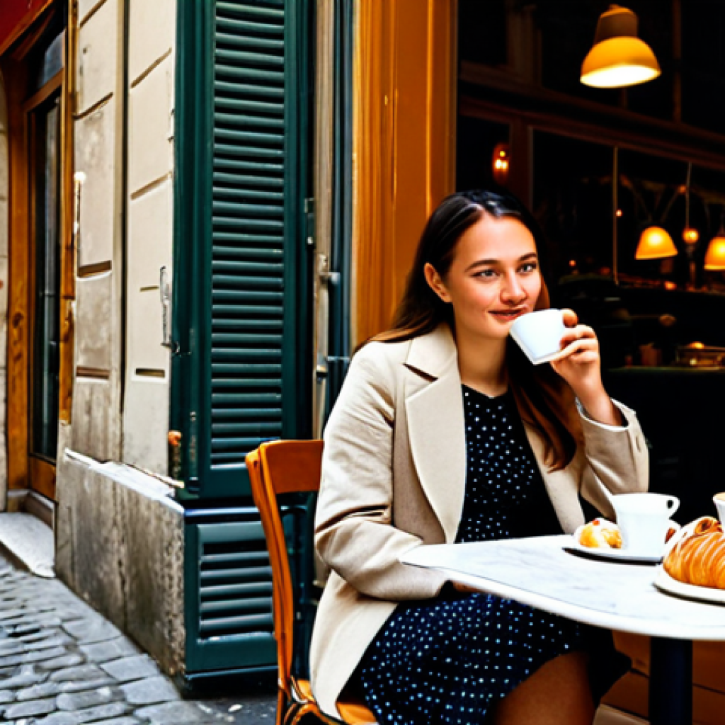 프랑스어 프랑스어권 여행 시 유용한 표현 - Parisian Cafe Scene**

"A woman in a modest dress sits at a table outside a charming Parisian cafe, ...