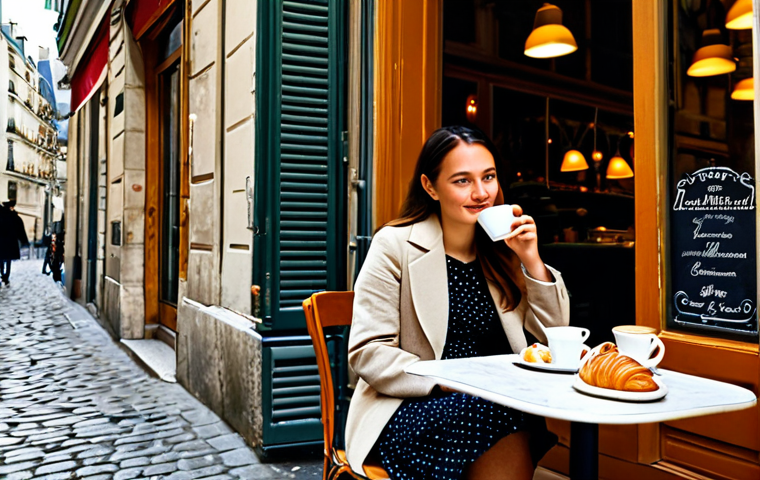 프랑스어 프랑스어권 여행 시 유용한 표현 - Parisian Cafe Scene**

"A woman in a modest dress sits at a table outside a charming Parisian cafe, ...