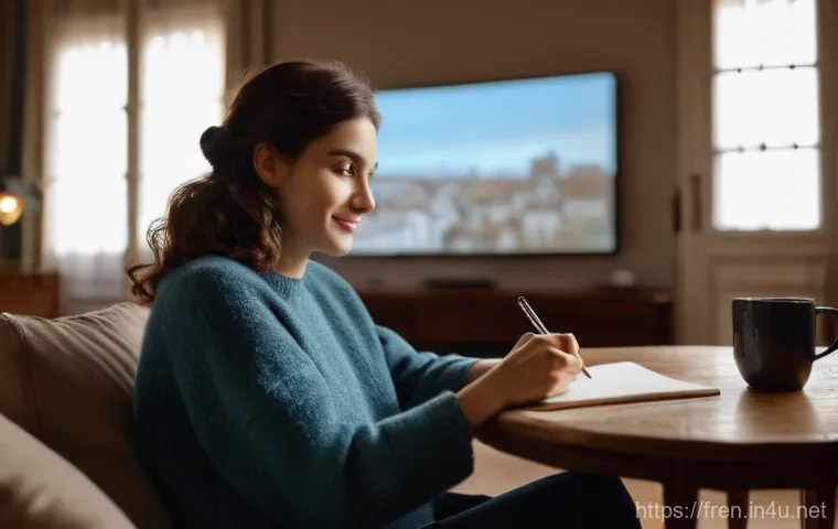 프랑스어 자막 있는 영화 추천 - **"A cozy and inviting scene in a living room, where a young woman with a warm smile is engrossed in...