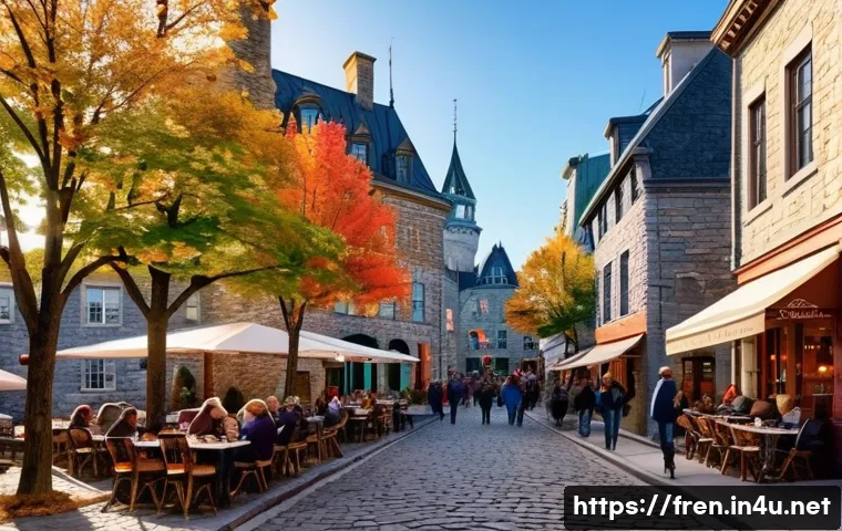 프랑스어 캐나다 퀘벡 프랑스어 - A picturesque scene of Old Quebec City, featuring narrow cobblestone streets lined with charming, co...