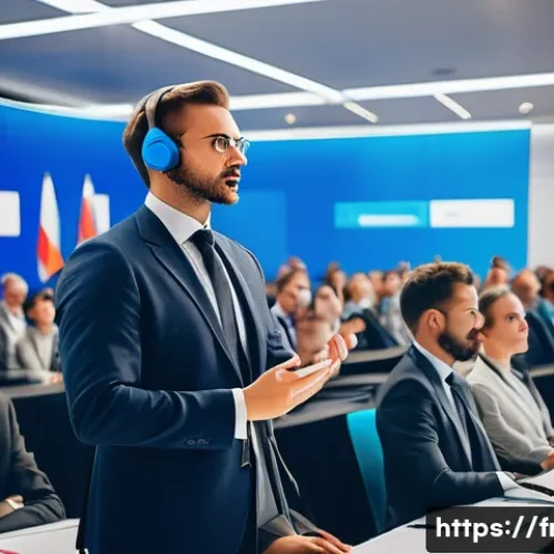 Home 32 프랑스어 프랑스어 학습자의 커리어 전망 - A professional French language interpreter actively translating at a bustling international conferen...