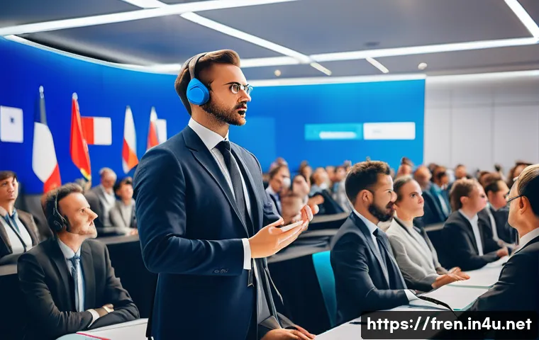 프랑스어 프랑스어 학습자의 커리어 전망 - A professional French language interpreter actively translating at a bustling international conferen...