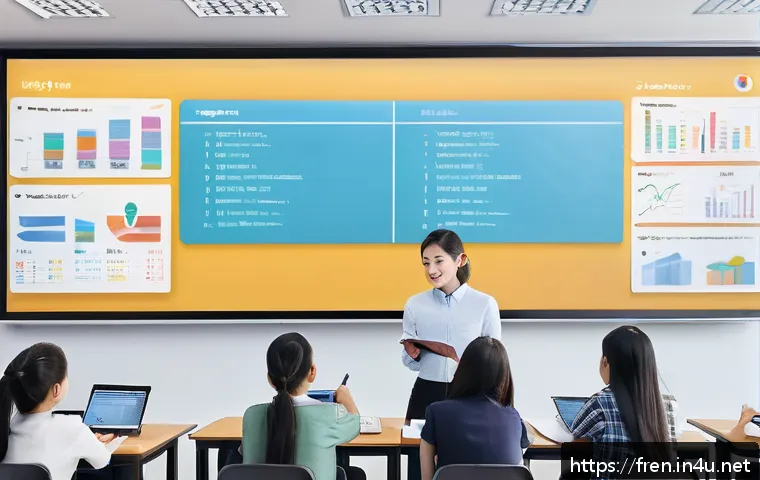 프랑스어 현재 과거 미래시제 정리 - A detailed classroom scene showing a diverse group of students attentively learning French verb tens...