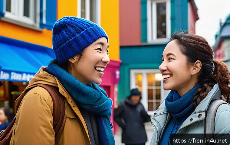 프랑스어 프랑스어와 퀘벡 불어 비교 - A vibrant street scene in Quebec showcasing a lively conversation between two people: one speaking Q...